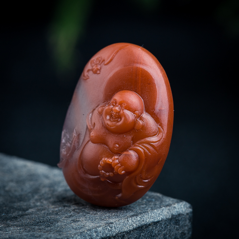 冰飘料南红弥勒佛吊坠-红掌柜