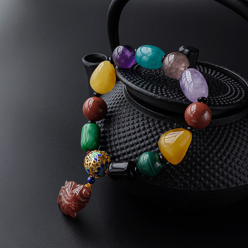 川料南红带金鱼挂坠手串-红掌柜