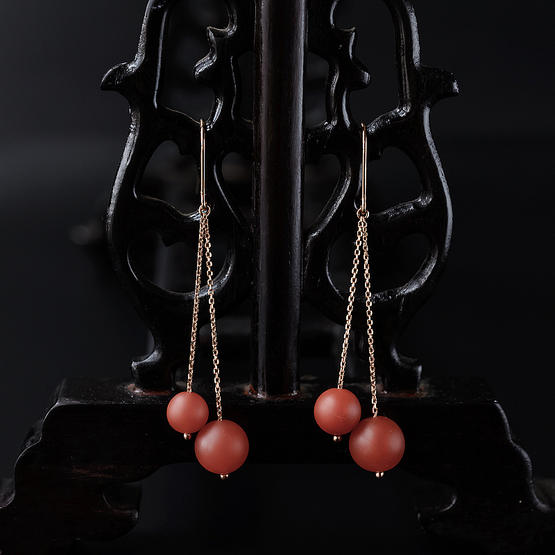 18k金云南保山南红双球耳坠 - 红掌柜