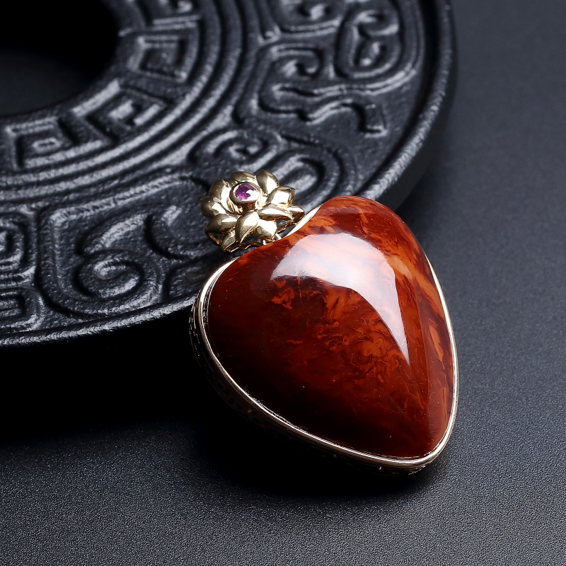 川料玫瑰红火焰纹南红心形吊坠-红掌柜
