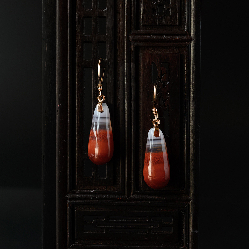 18K金镶冰飘南红水滴耳坠-红掌柜