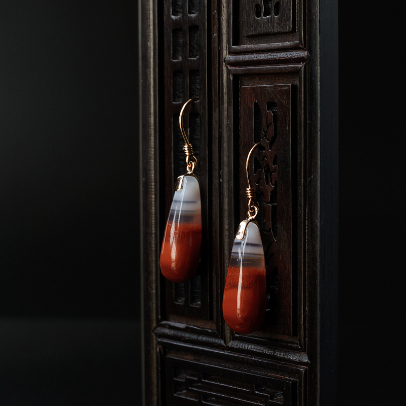 K金镶冰飘南红水滴耳坠-红掌柜