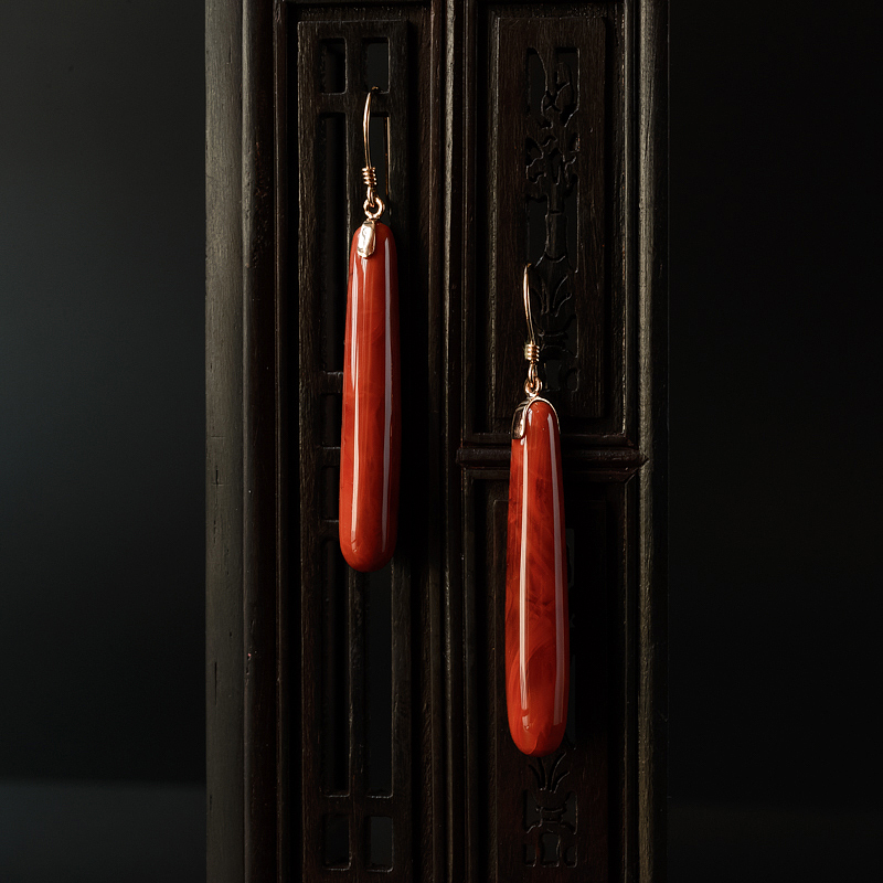 18K金镶柿子红南红水滴耳坠-红掌柜