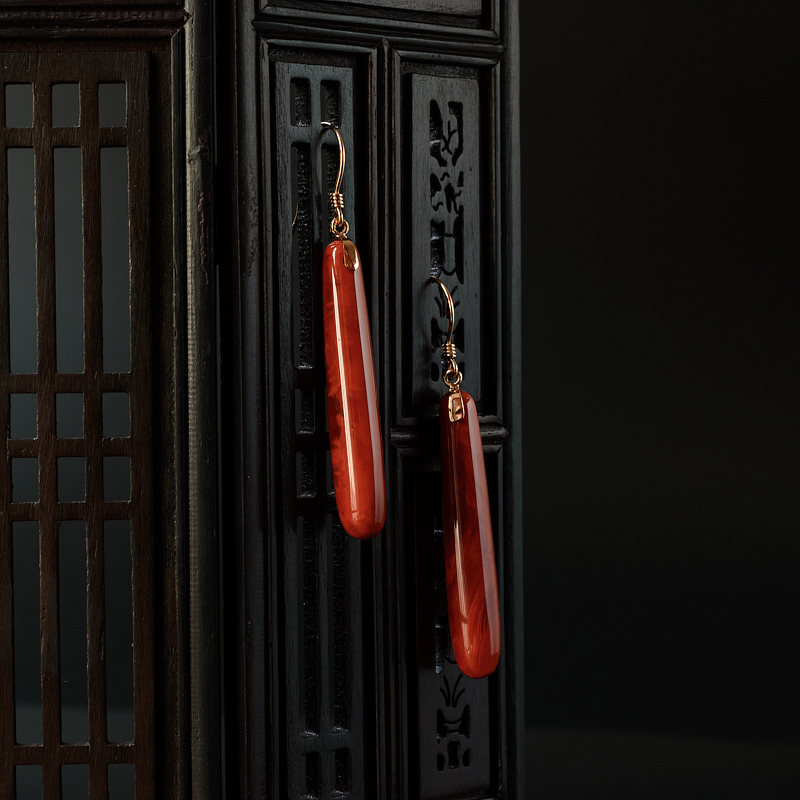 K金镶柿子红南红水滴耳坠-红掌柜
