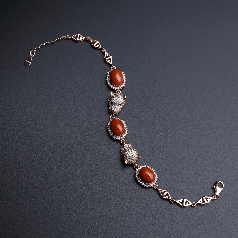 银镀金镶川料天然柿子红南红豹头款手链-红掌柜