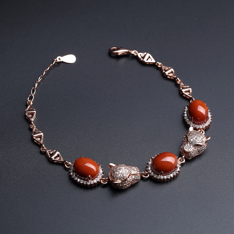 川料天然柿子红南红豹头款手链-红掌柜