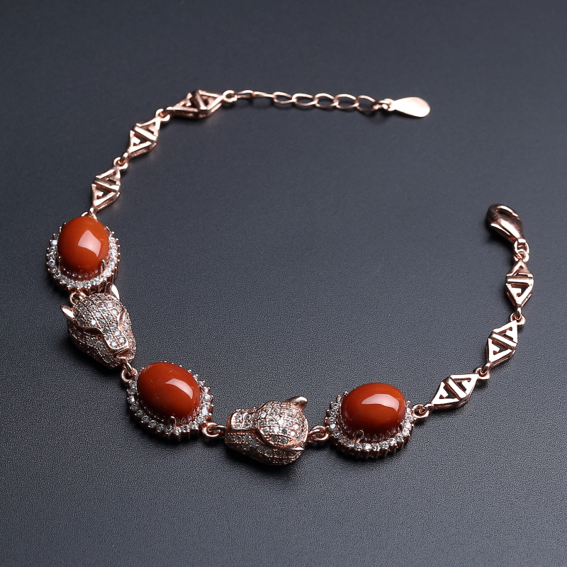 银镀金镶天然柿子红南红豹头款手链-红掌柜