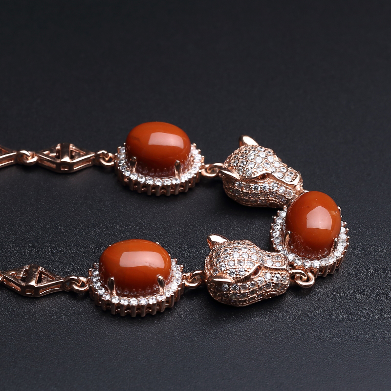 银镀金镶川料天然南红豹头款手链-红掌柜