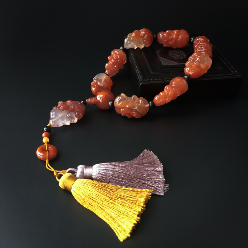 川料天然冰飘南红双面十八罗汉手持 - 红掌柜