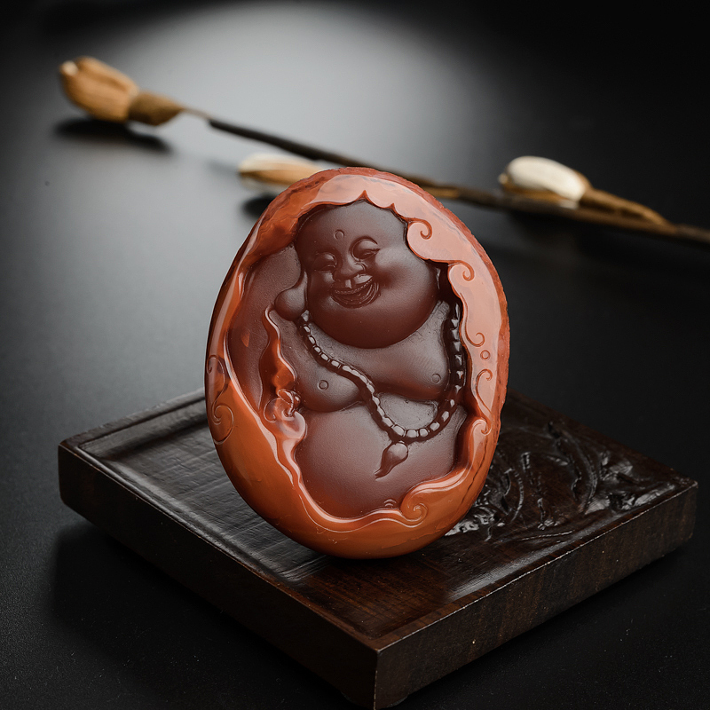 川料天然柿子红南红弥勒佛吊坠-红掌柜