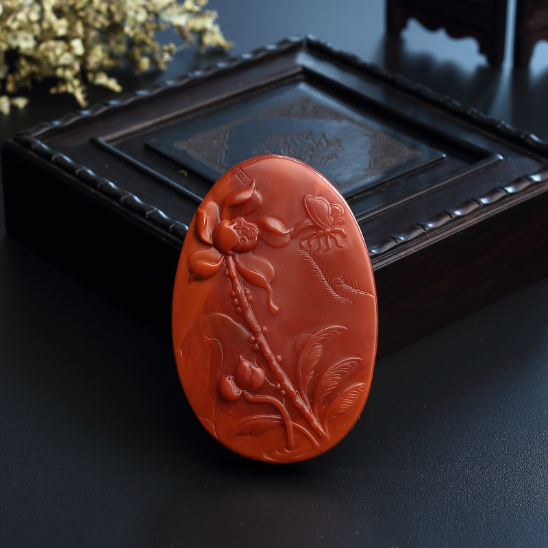 川料天然柿子红南红清莲吊坠-红掌柜