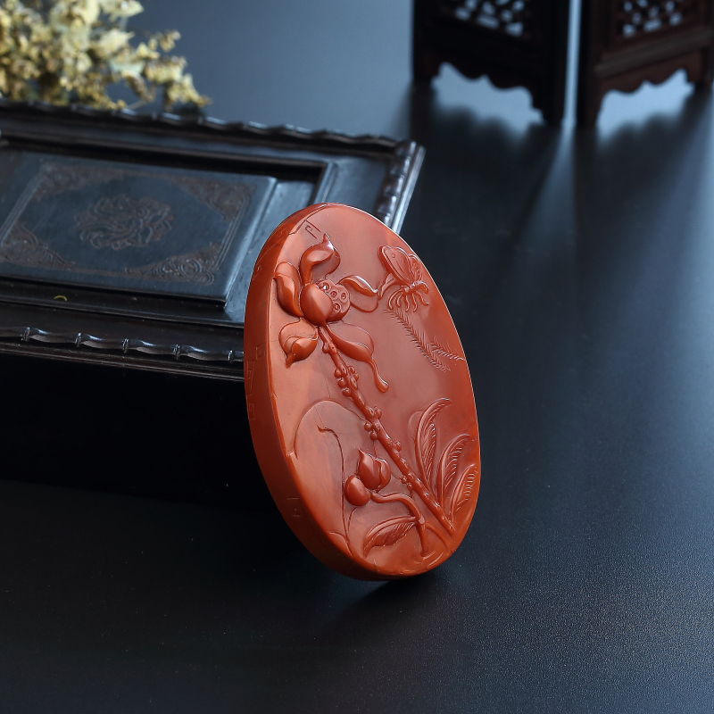 天然柿子红南红清莲吊坠-红掌柜