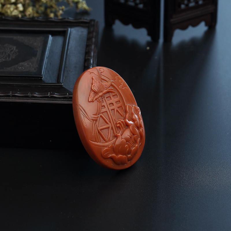 天然柿子红南红蝶恋花吊坠-红掌柜