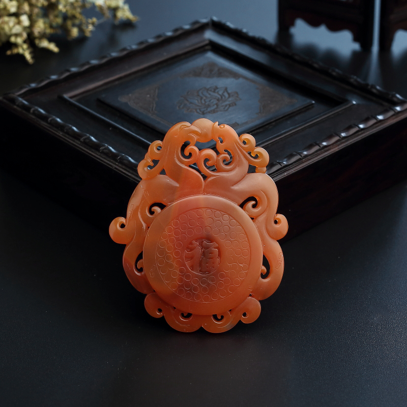 四川天然柿子红南红龙凤呈祥吊坠-红掌柜