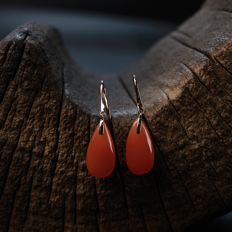 四川天然18K金镶樱桃红南红水滴耳环 - 红掌柜