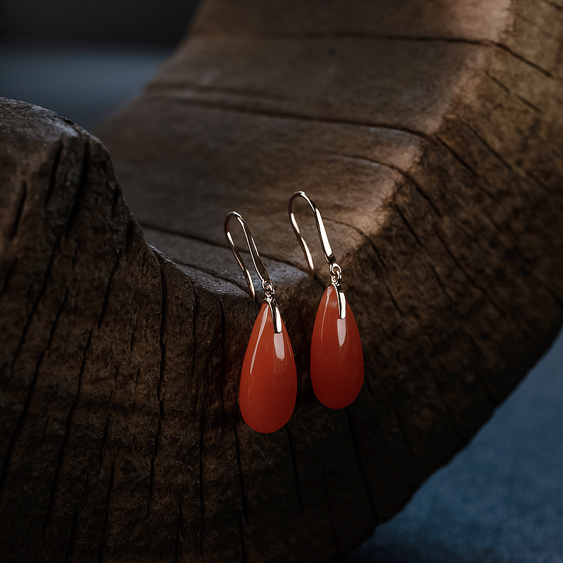 18K金镶樱桃红南红水滴耳环 - 红掌柜