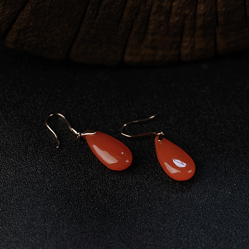 金镶樱桃红南红水滴耳环 - 红掌柜