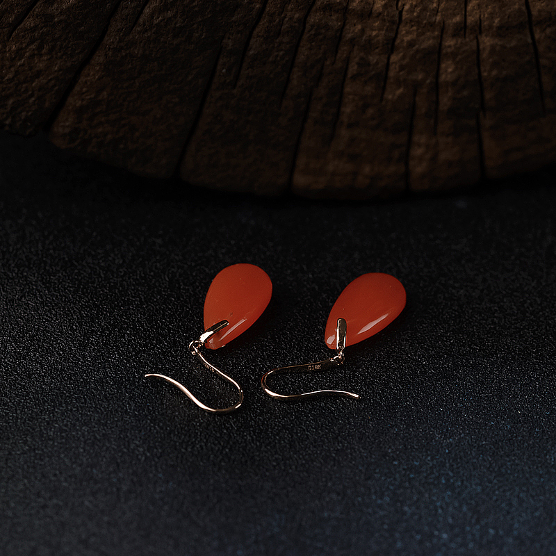 四川18K金镶樱桃红南红水滴耳环 - 红掌柜
