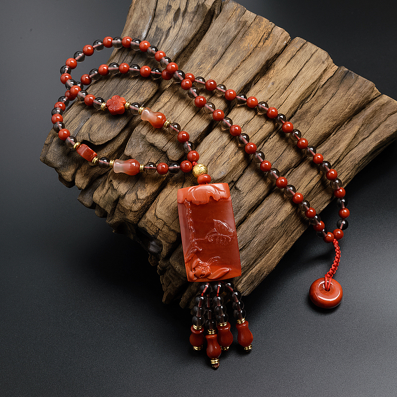 柿子红南红吊牌佛珠-红掌柜