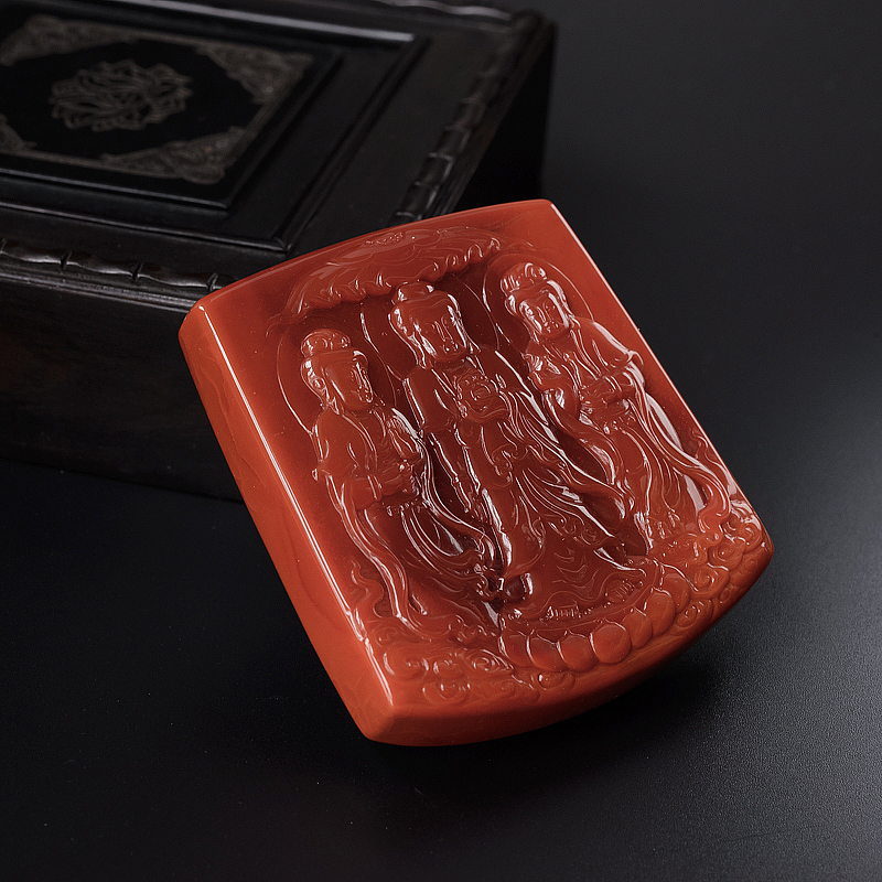 天然柿子红南红西方三圣吊坠-红掌柜