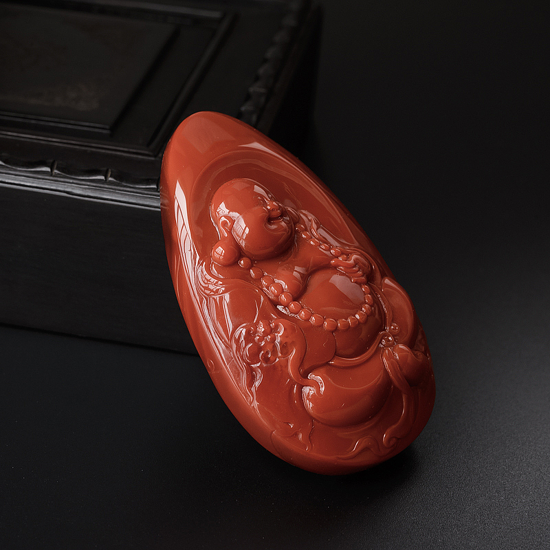 天然柿子红弥勒佛南红吊坠-红掌柜