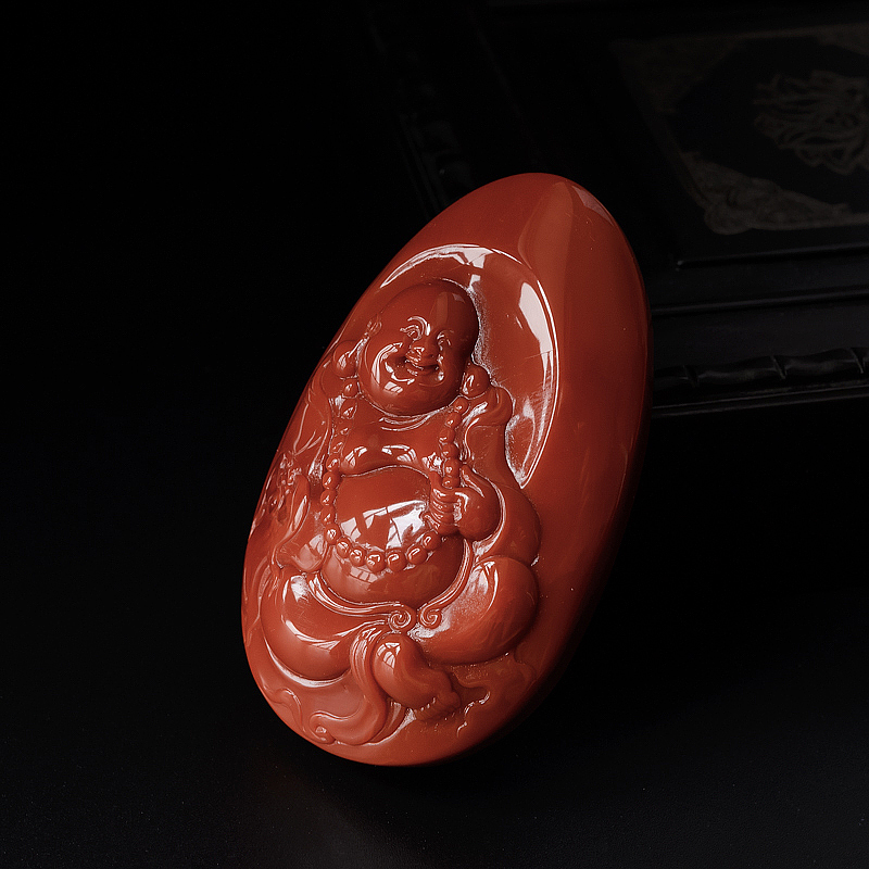 川料柿子红弥勒佛南红吊坠-红掌柜