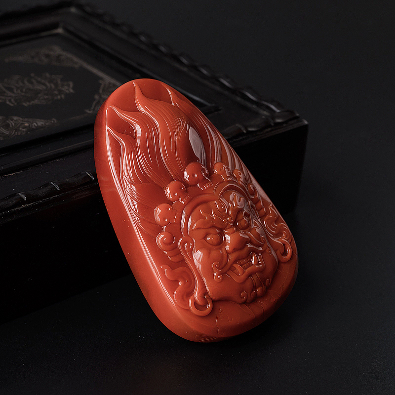 天然柿子红南红大黑天吊坠-红掌柜