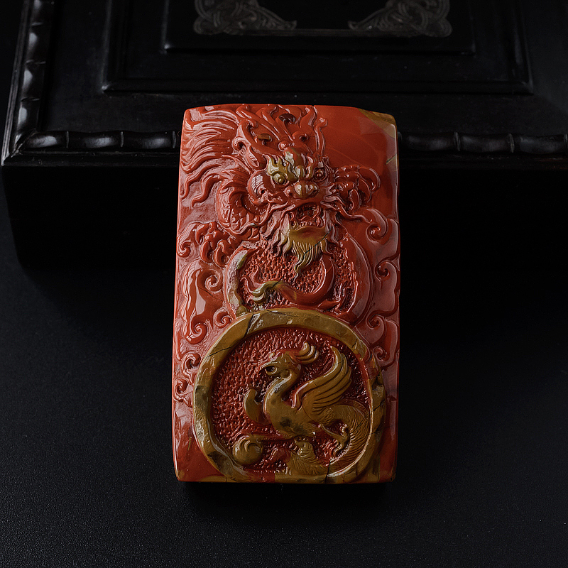 川料俏色柿子红南红龙凤呈祥吊坠-红掌柜