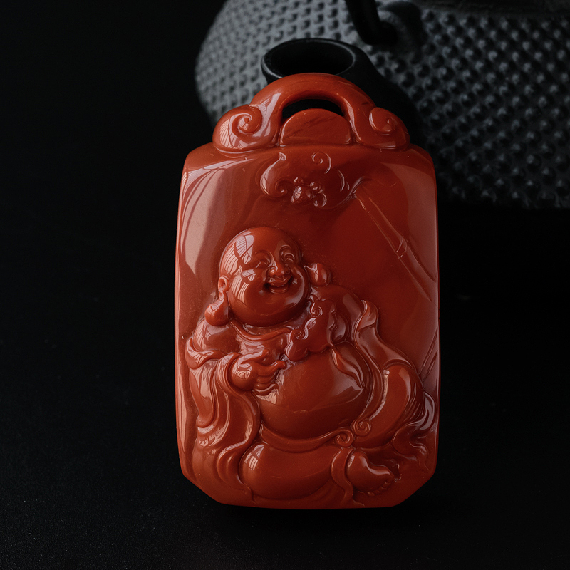 川料天然柿子红南红弥勒佛吊坠-红掌柜