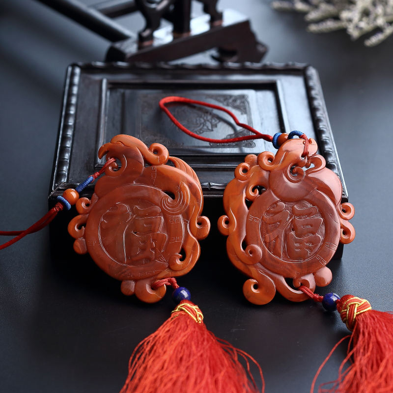 天然柿子红南红龙凤呈祥挂件-红掌柜