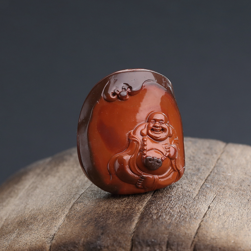 天然铁皮包浆料南红福在眼前吊坠-红掌柜