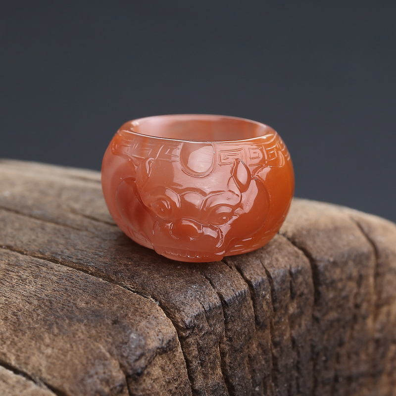 川料天然冰飘料南红貔貅戒指-红掌柜