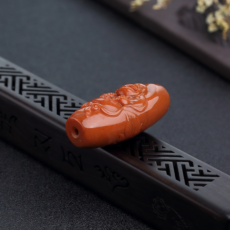 天然南红弥勒佛桶珠-红掌柜
