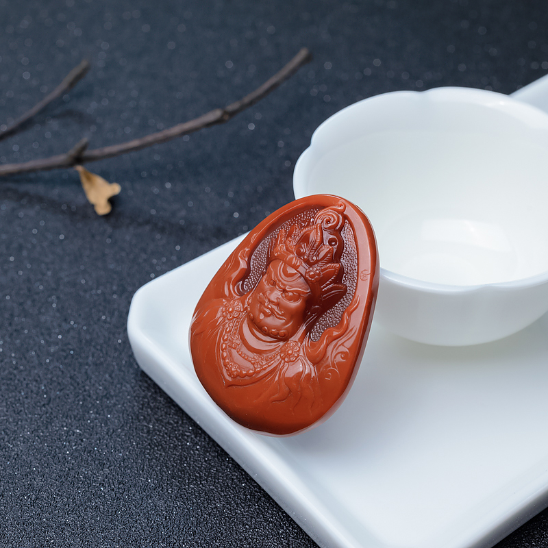 天然柿子红南红黄财神吊坠-红掌柜