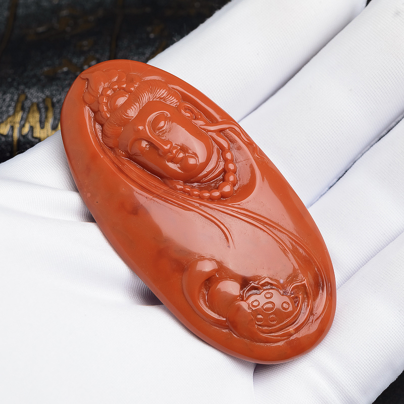 川料柿子红南红满肉观音吊坠-红掌柜珠宝