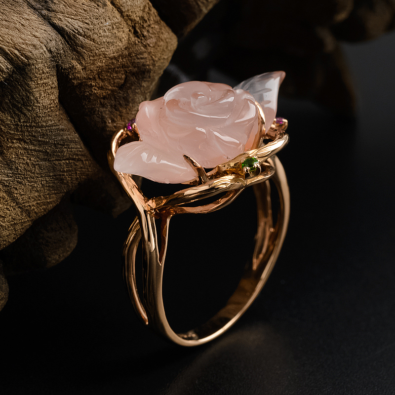 金镶嵌川料南红冰飘玫瑰红戒指-红掌柜