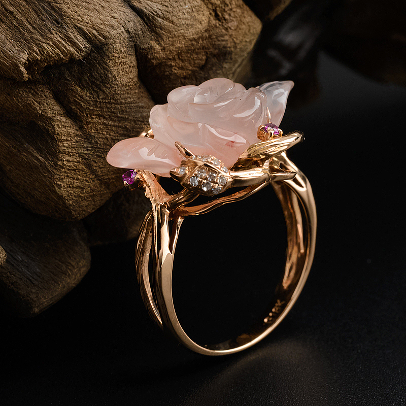 川料南红冰飘玫瑰红戒指-红掌柜