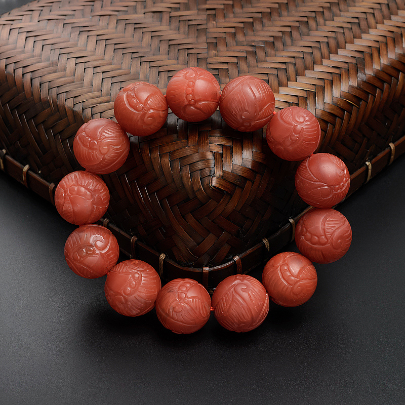 满肉柿子红南红俏雕手串-红掌柜