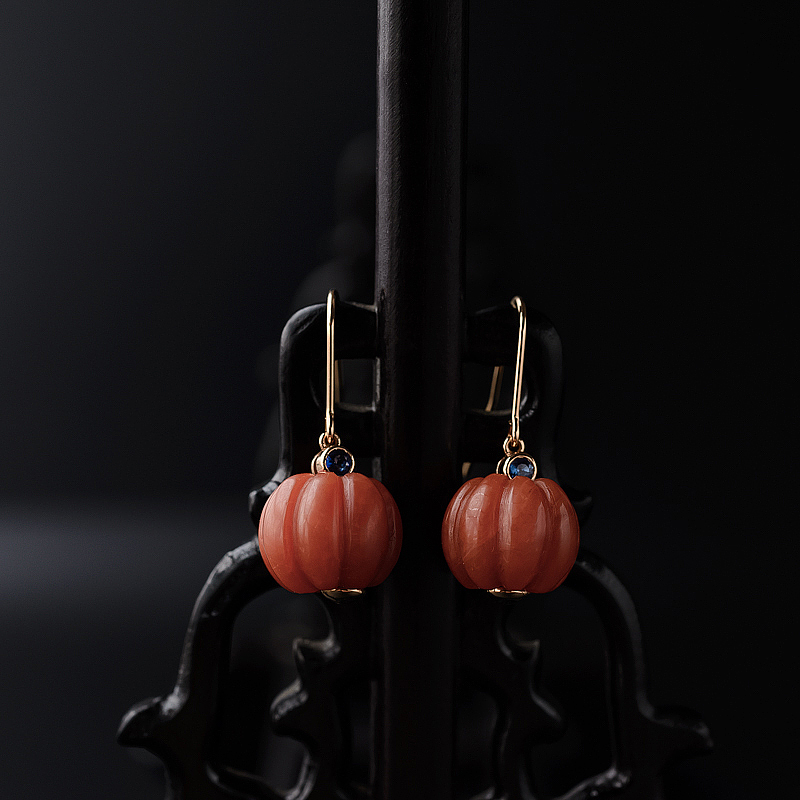 18K金镶保山天然柿子红南红南瓜珠耳坠-红掌柜