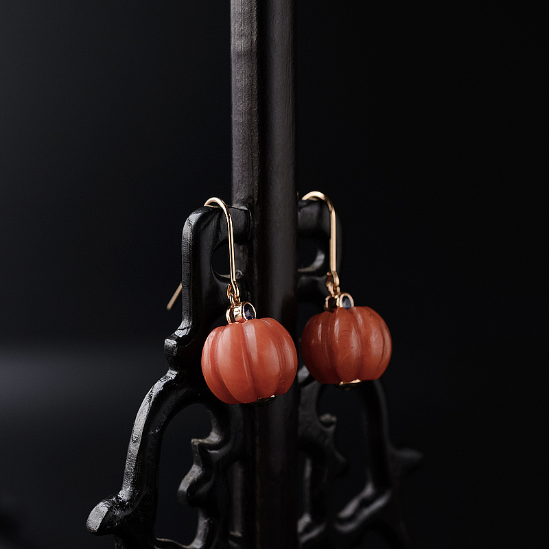 金镶保山天然柿子红南红南瓜珠耳坠-红掌柜