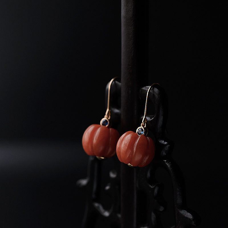 保山天然柿子红南红南瓜珠耳坠-红掌柜