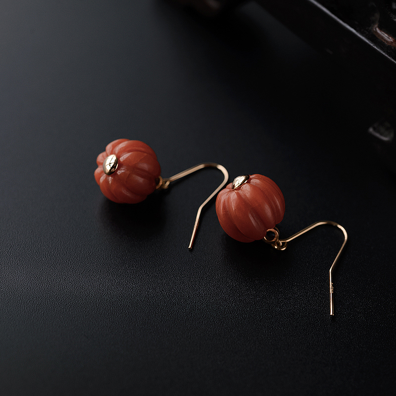 18K金镶天然柿子红南红南瓜珠耳坠-红掌柜