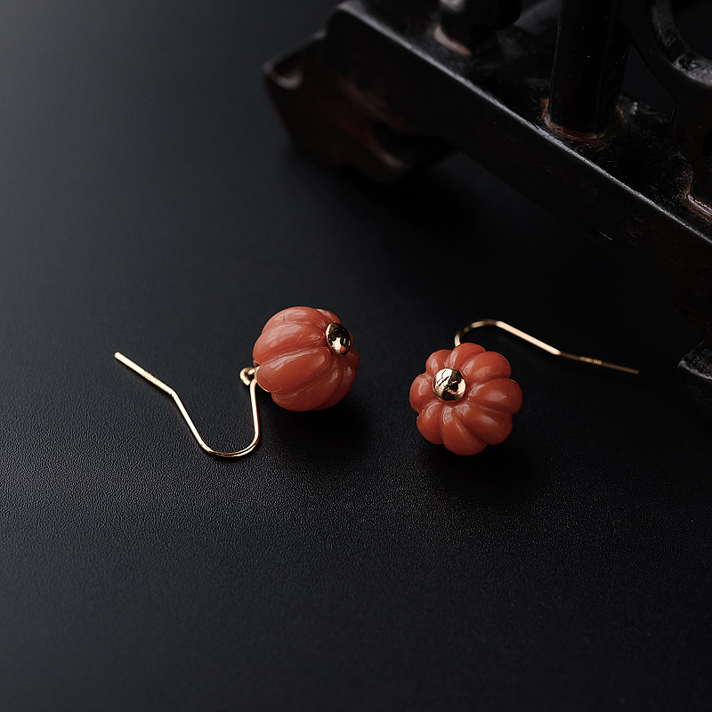 18K金镶保山柿子红南红南瓜珠耳坠-红掌柜