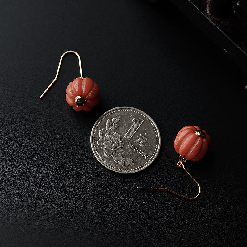 柿子红南红南瓜珠耳坠-红掌柜