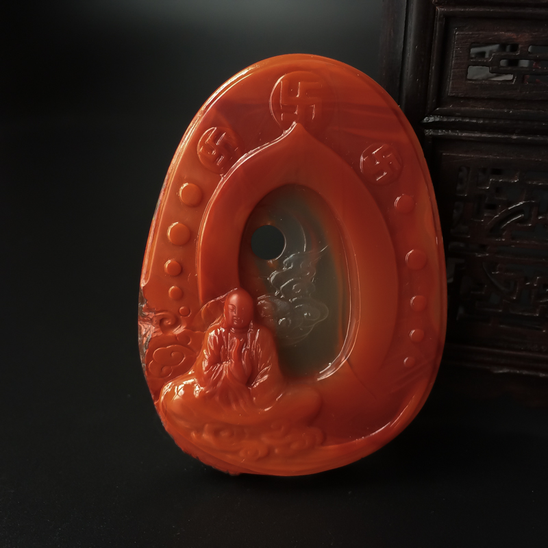 川料天然柿子红南红立地成佛吊坠-红掌柜