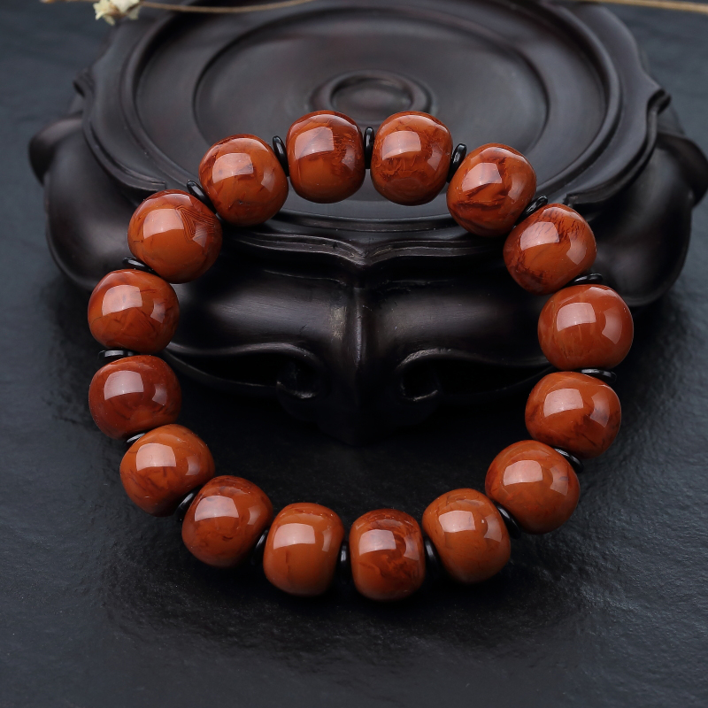 保山天然火焰纹南红苹果珠单圈手串-红掌柜