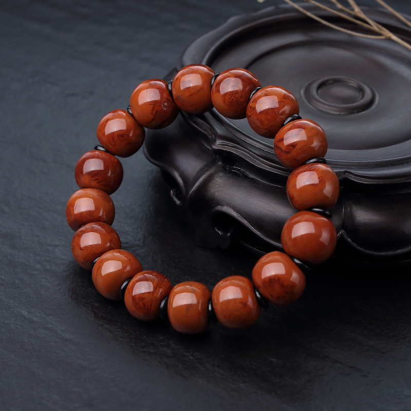 天然火焰纹南红苹果珠单圈手串-红掌柜