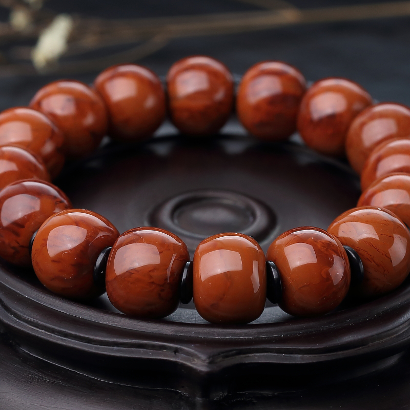 保山天然火焰纹南红单圈手串-红掌柜