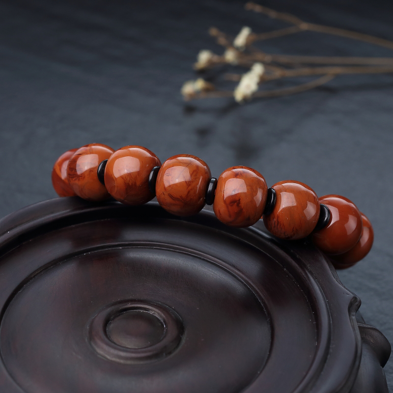 保山天然火焰纹南红苹果珠手串-红掌柜
