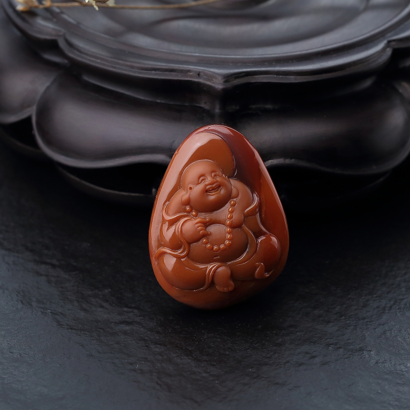 保山天然柿子红南红弥勒佛吊坠-红掌柜